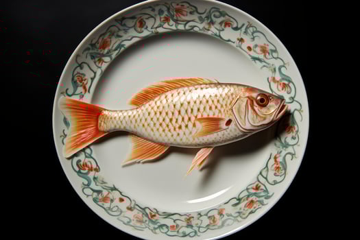 Whole cooked fish lying on elegant white china plate with floral decoration photo