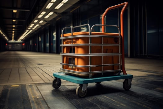 Orange plastic crate on hand truck in empty warehouse corridor photo