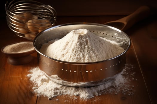 Sifted flour creating a small mound in metal bowl on wooden table photo