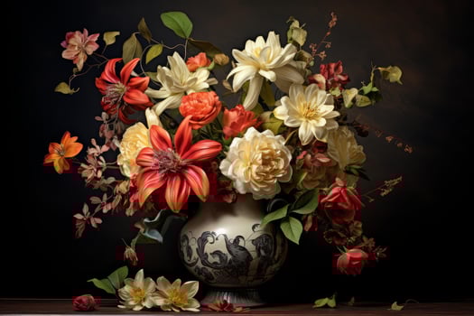 Colorful bouquet of flowers sitting in a decorative vase on a wooden table photo
