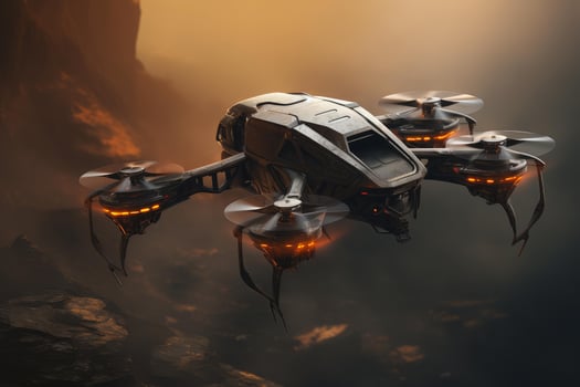 Futuristic cargo drone flying over martian landscape photo