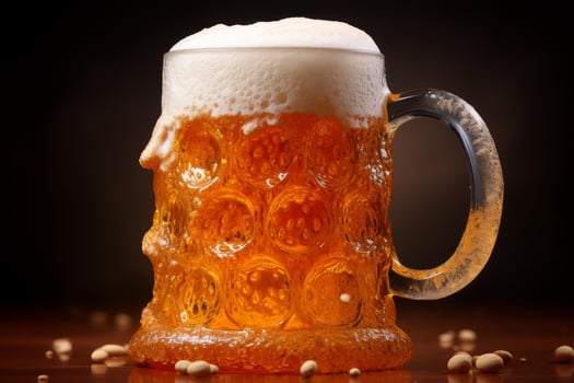 Refreshing beer overflowing with foam in glass tankard on table with peanuts photo