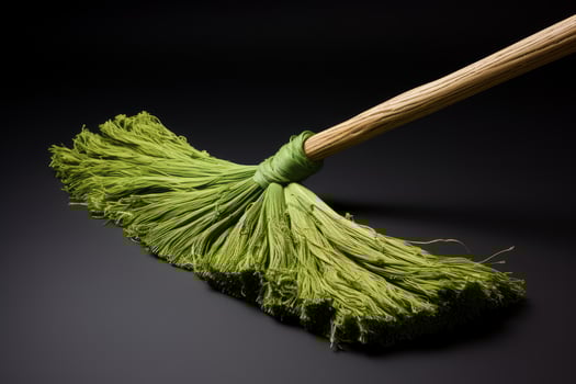 Green broom sweeping on black background with wooden handle photo