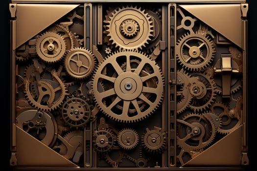 Complex bronze gear mechanism working together in a clockwork photo