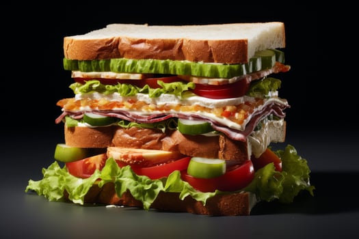 Delicious multi layered sandwich overflowing with fresh ingredients on dark background photo