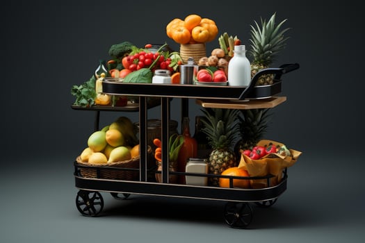 Hotel room service cart offering fresh fruits, vegetables, and drinks photo