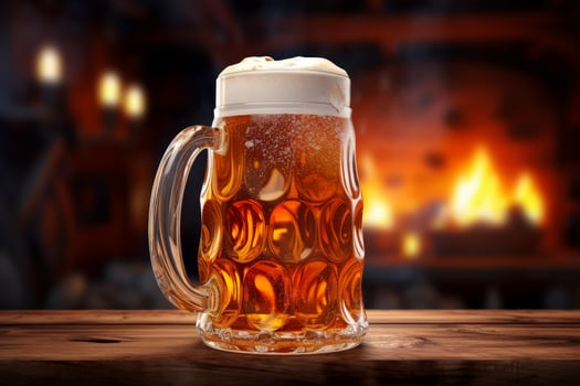 Cold beer glass resting on wooden table by fireplace photo