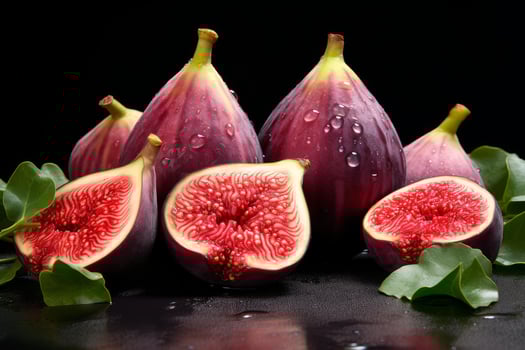 Fresh figs with leaves showing vivid red interior on black background photo