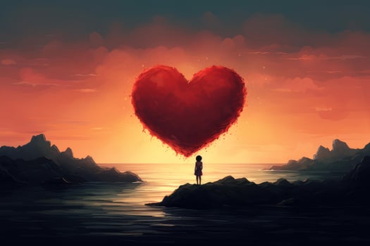 Girl watching giant red heart at sunset over the sea photo
