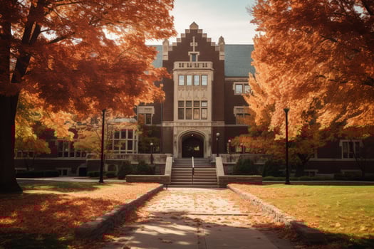 Fallen autumn leaves leading path to university building photo