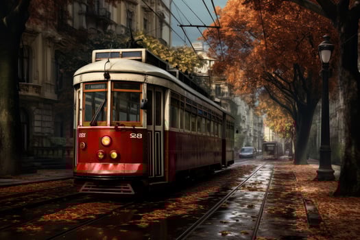 Red tram moving on a rainy autumn day in the city photo