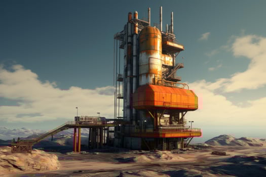 Rusty mining facility extracting minerals on barren planet under cloudy sky photo