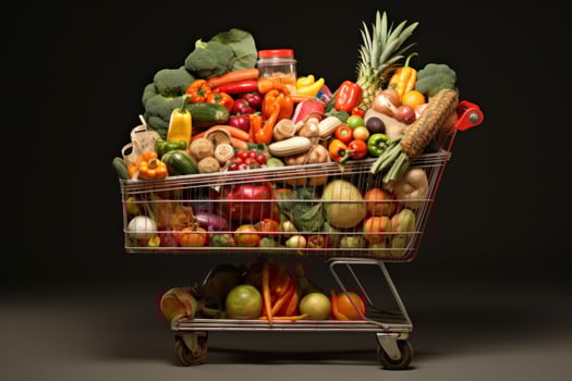 Shopping cart overflowing with fresh produce on dark background photo