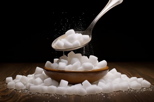 Spoon pouring sugar cubes into full bowl on wooden table photo