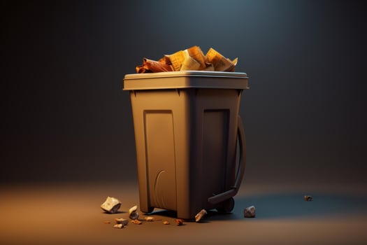 Overflowing trash can with crumpled paper and debris illustrating waste management issues photo