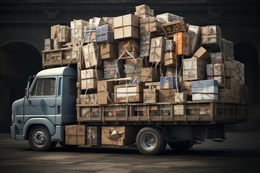 Old delivery truck carrying an overloaded stack of parcels photo