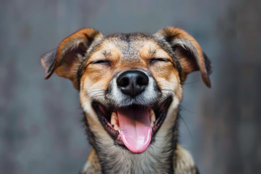 Happy dog smiling with closed eyes and open mouth photo