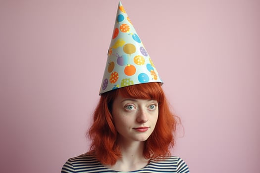 Redhead woman wearing party hat celebrating birthday photo