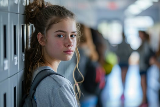 Lonely teen girl standing by lockers with distant classmates in school hallway photo
