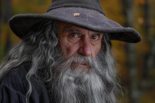 Senior wizard wearing pointed hat and long gray hair and beard in autumnal forest photo