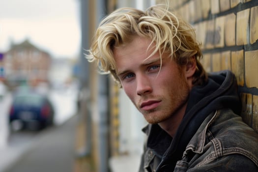 Blond young man leaning against brick wall in urban setting photo
