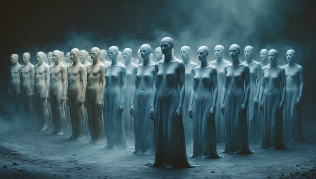 Certain figures in white gowns stand in formation within a misty, dimly lit space at night photo