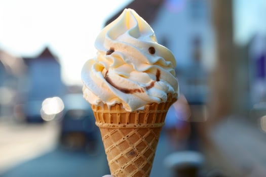 Delicious soft serve ice cream cone with chocolate drizzle enjoyed outdoors photo