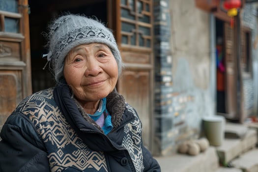 Elderly chinese woman smiling in front of traditional house photo