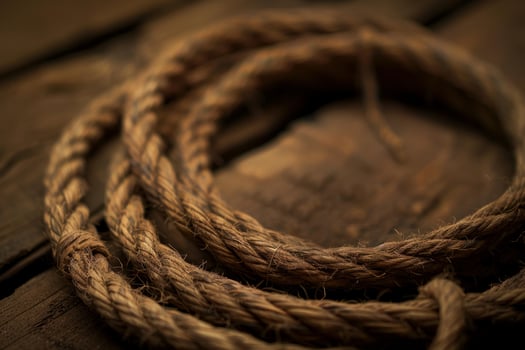 Strong hemp rope coiled on rustic wooden surface photo