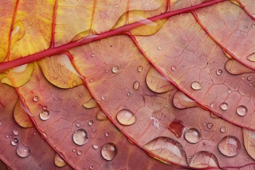 Water droplets resting on vibrant autumn leaf surface photo
