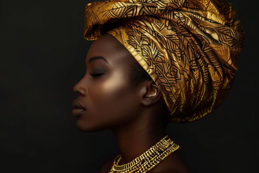 Beautiful african model wearing golden head wrap and necklace photo