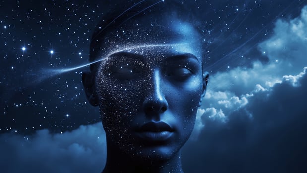 Captivating moment of a person immersed in cosmic dreams surrounded by shimmering stars and vibrant colors photo
