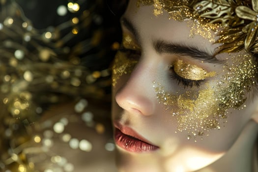 Golden makeup artist showing off her glittering creation photo