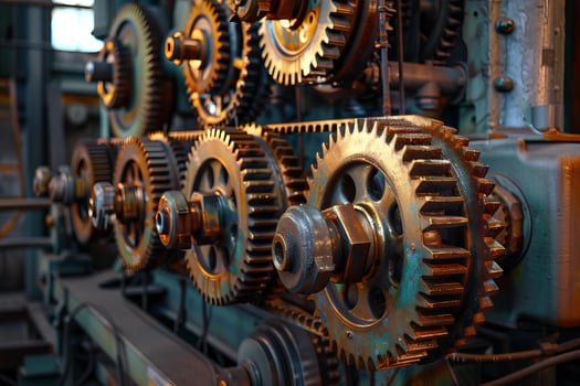 Close up view of interlocking gears rotating in industrial machinery photo