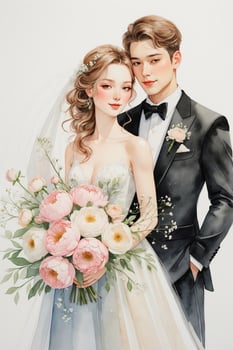 Elegant couple in wedding attire posing with a bouquet of flowers, capturing a moment of love and celebration photo