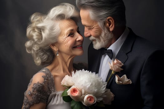 Elegant senior couple sharing a tender moment on their wedding day photo