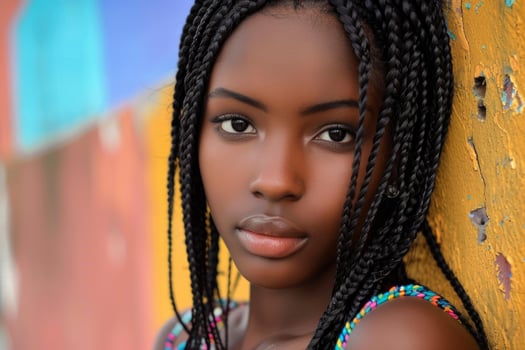 Young black woman posing with colorful braids in front of a vibrant wall photo