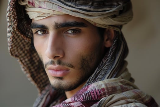 Young berber man wearing traditional turban and clothes looking seriously photo