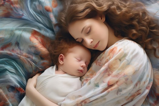 Mother and newborn baby sleeping peacefully together on bed photo