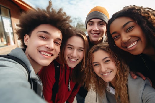 Happy multi ethnic students taking selfie outside high school photo