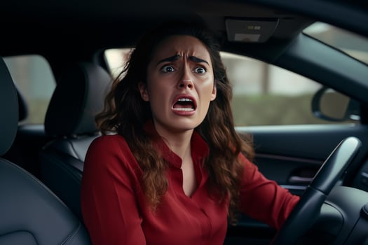 Scared businesswoman driving experiencing road rage in traffic jam photo