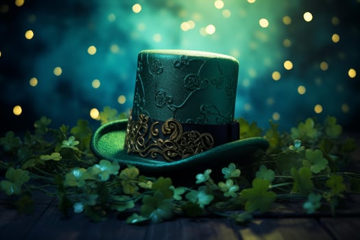 Green leprechaun hat celebrating saint patrick's day with shamrocks and festive bokeh lights photo