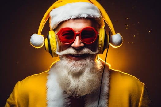 Cool santa claus wearing yellow suit and headphones listening to christmas music photo