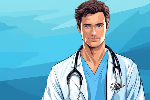 Portrait of young confident doctor wearing stethoscope and lab coat photo