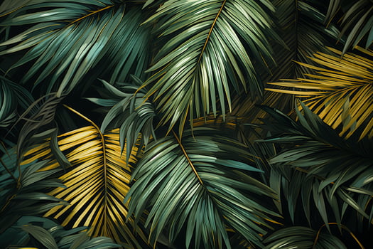 Golden and green palm leaves creating lush tropical background photo