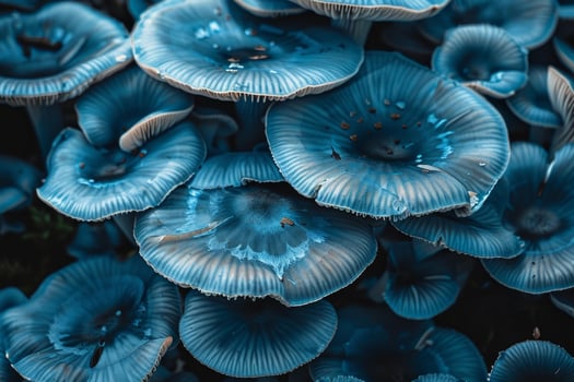 Vibrant blue mushrooms growing in a cluster photo