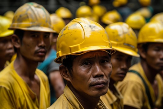 Group of asian construction workers wearing yellow hard hats photo
