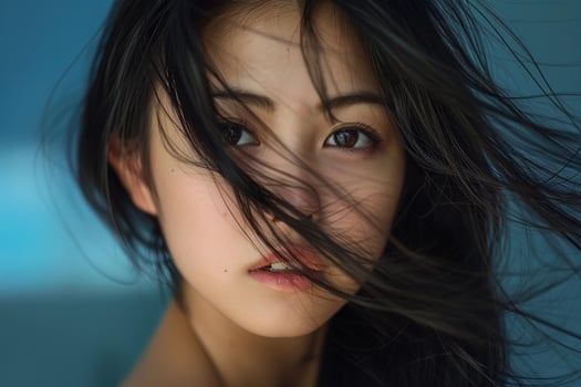 Beautiful asian woman with long black hair flowing in wind photo