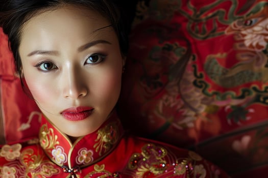 Beautiful chinese woman wearing traditional red dress with golden embroidery photo