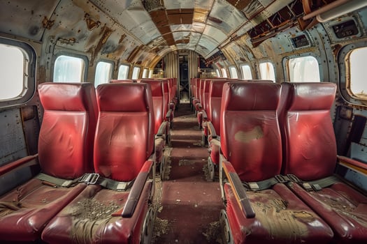 Empty seats inside abandoned airplane showing decaying interior photo